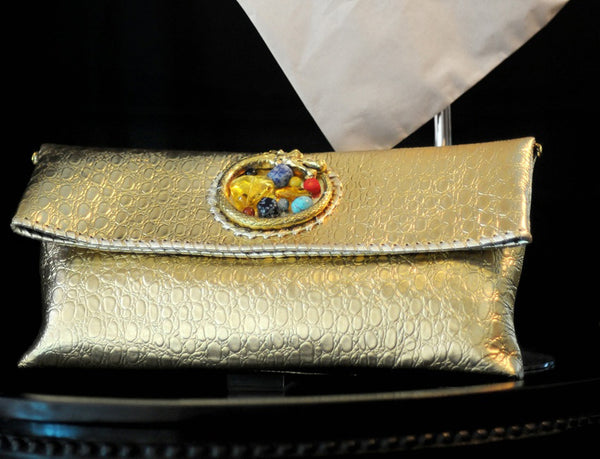 Embossed Croco Oversize Clutch Gold Acc Stone