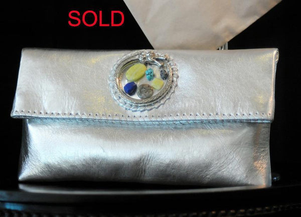 Cow Leather Oversize Clutch Silver Acc Stone