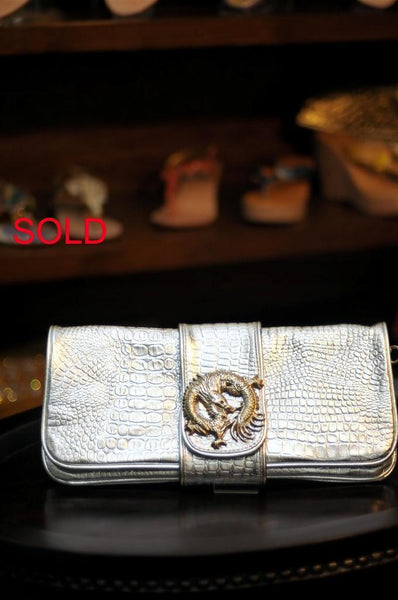 Embossed Croco Silver Clutch Acc Dragon